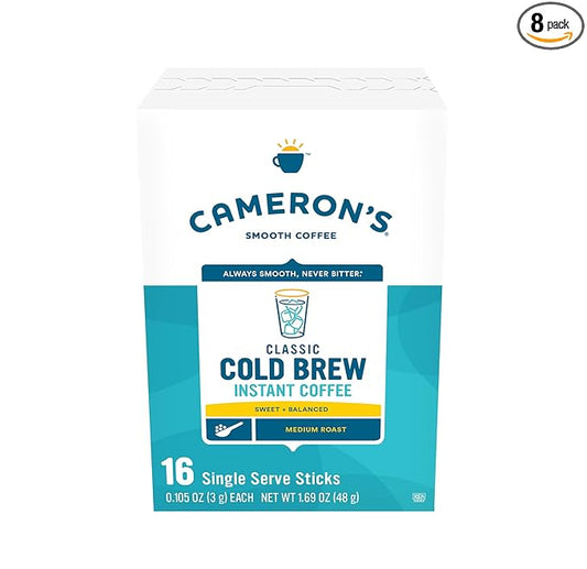 Cameron's Coffee Classic Cold Brew Instant Single Serve Sticks, Medium Roast , 100% Arabica , 128 Count