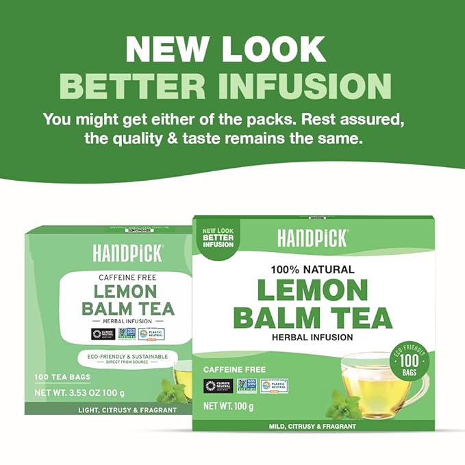HANDPICK Lemon Balm Tea Bags ??100 Count | 100% Pure Natural Dried Lemon Balm Herb | Caffeine-Free Herbal Tea with Citrus Flavor & Aroma | Round Eco-conscious Teabags