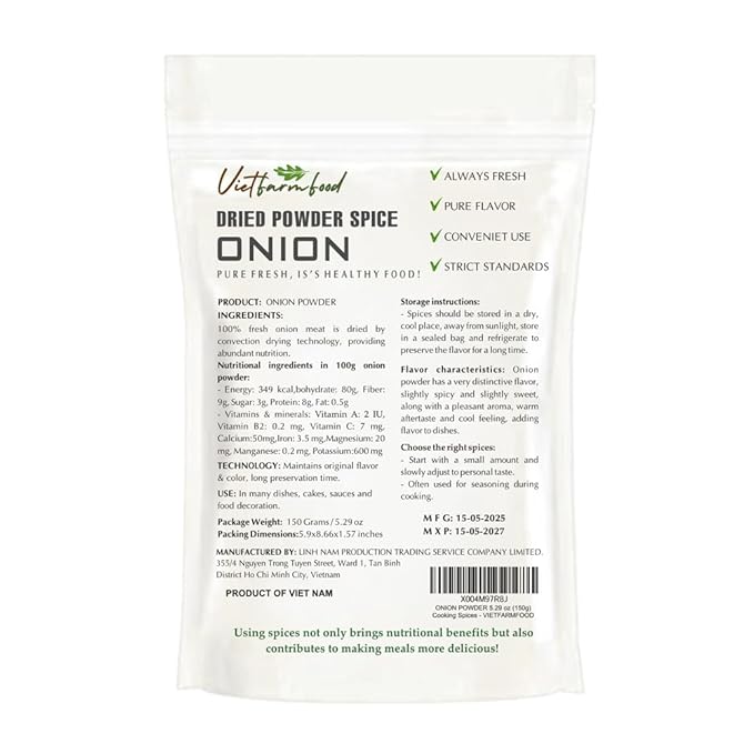 ONION POWDER 5.29 Oz (150g) VIETFARMFOOD: Natural pure, convection dried seasoning made from real vegetables - perfect for adding flavor to any meal, from cooking, baking, salads, soups, sauces