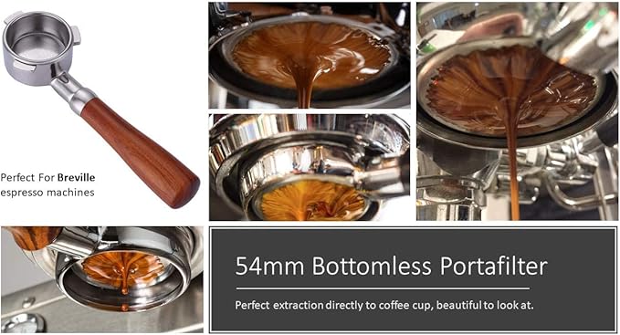 54mm Bottomless Portafilter Fits Breville Barista Espresso Machine Stainless Steel Naked Portafilter Along with Double Shot Filter Basket Coffee Bottomless Handle-Wooden