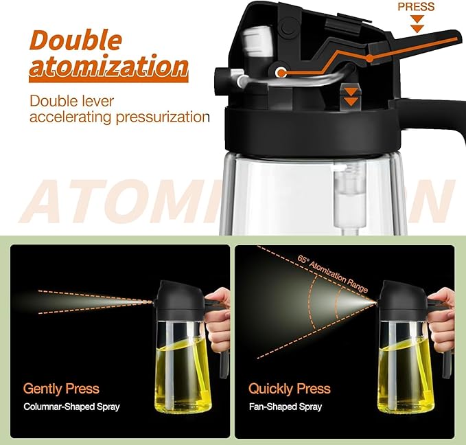 Oil Sprayer for Cooking 2 in 1, 470ml/16oz, Oil Spray & Dispenser Glass Bottle, Food-grade material for Kitchen, Salad Dressing, Frying, Air Fryer & BBQ (Black)