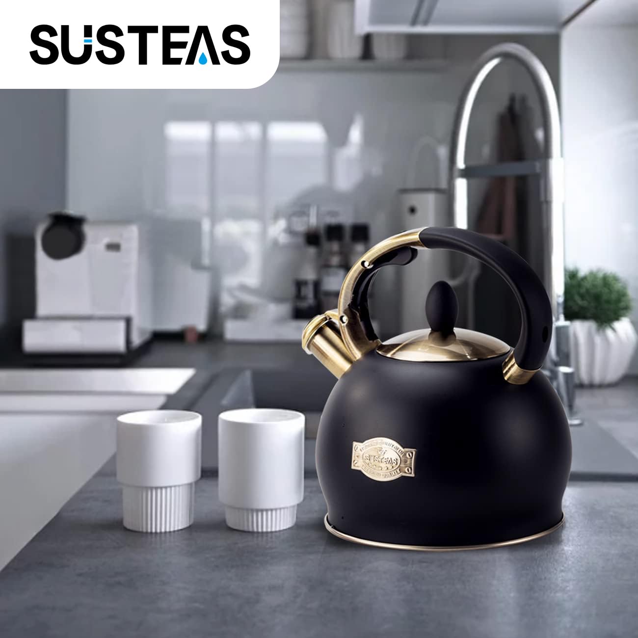 SUSTEAS Whistling Tea Kettle, 2.7QT Food-Grade Steel Teapot, BLACK