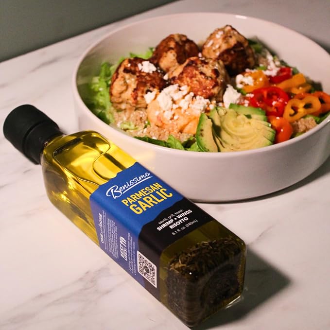 Benissimo Parmesan Garlic Herb Infused Oil, All Natural Gourmet Cooking Oil with Chef-Inspired Herbs, Ideal for Dipping, Marinades, Sautéing, Drizzling, 8.1 fl oz
