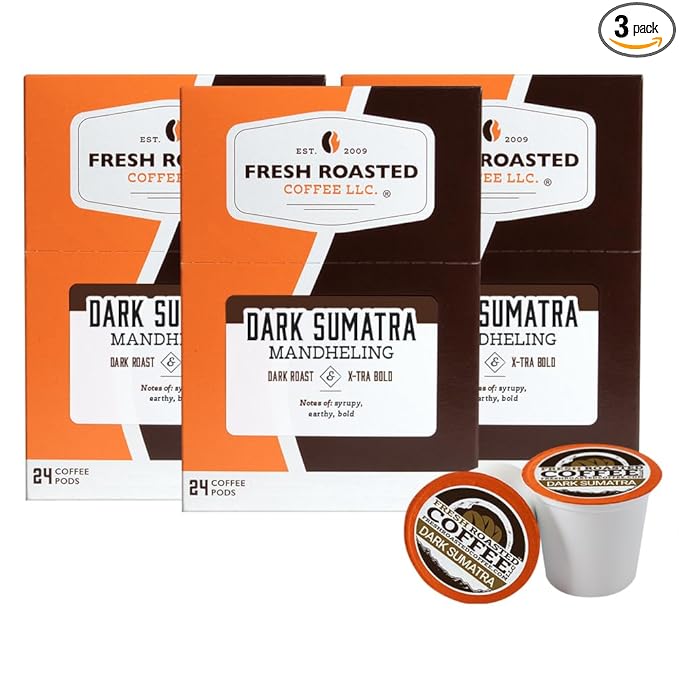 Fresh Roasted Coffee, Dark Sumatra Mandheling |100% Single Origin | Dark Roast, 72 Pods for K Cup Brewers
