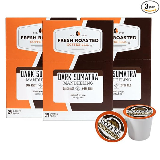 Fresh Roasted Coffee, Dark Sumatra Mandheling |100% Single Origin | Dark Roast, 72 Pods for K Cup Brewers