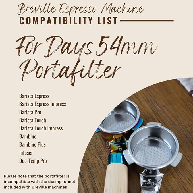 For Days 54mm Flat Base Bottomless Naked Portafilter Intended for Breville Espresso Machines, Includes Filter Basket, Wood Handle, Plastic Handle, Stainless Steel (Rainbow)