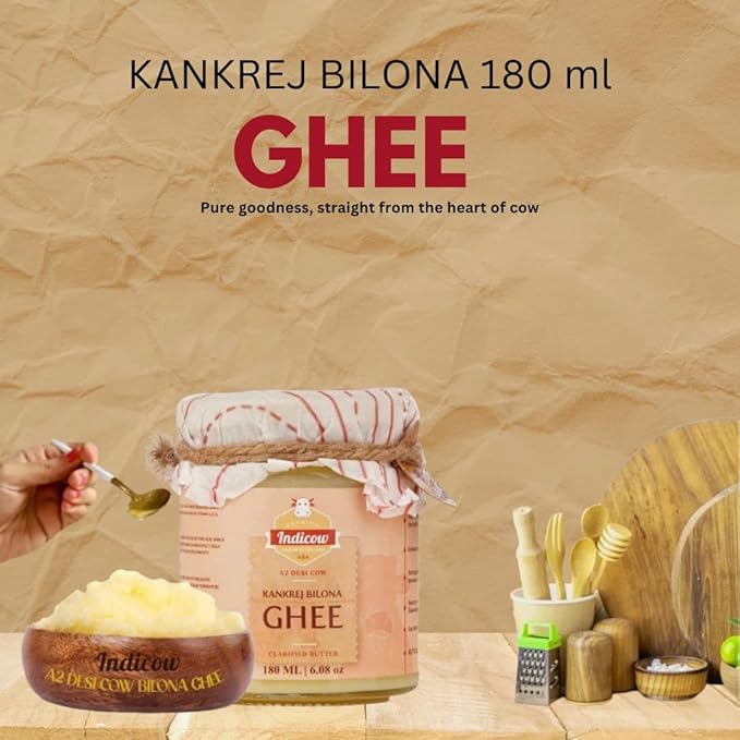 Indicow A2 Desi Cow Ghee, Clarified Butter 180ml | Grass Fed Cows | (180ml (6.08oz), A2 Kankrej Cow Ghee) | Keto and Paleo Friendly| a2 ghee organic grass fed