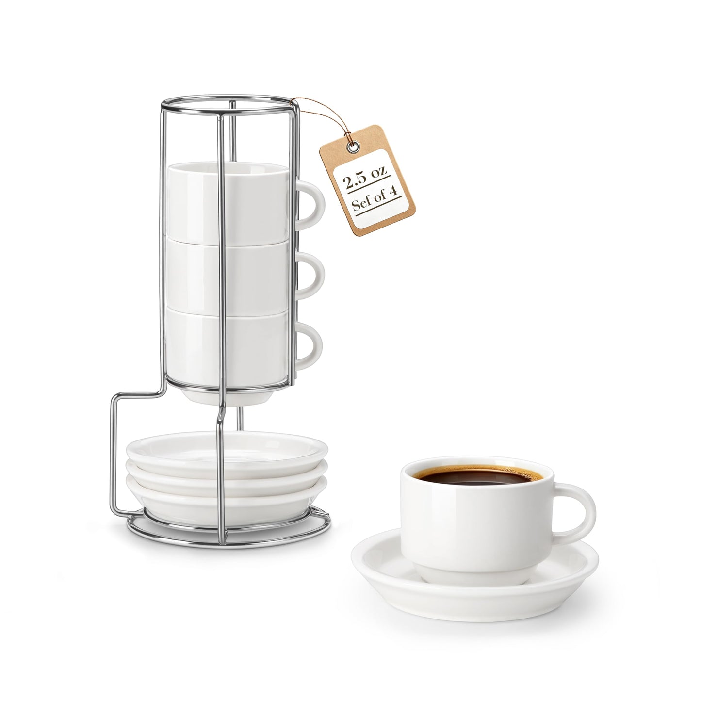 MALACASA 2.5 OZ Porcelain Espresso Cups with Saucers and Metal Stand Set of 4, Stackable Cappuccino