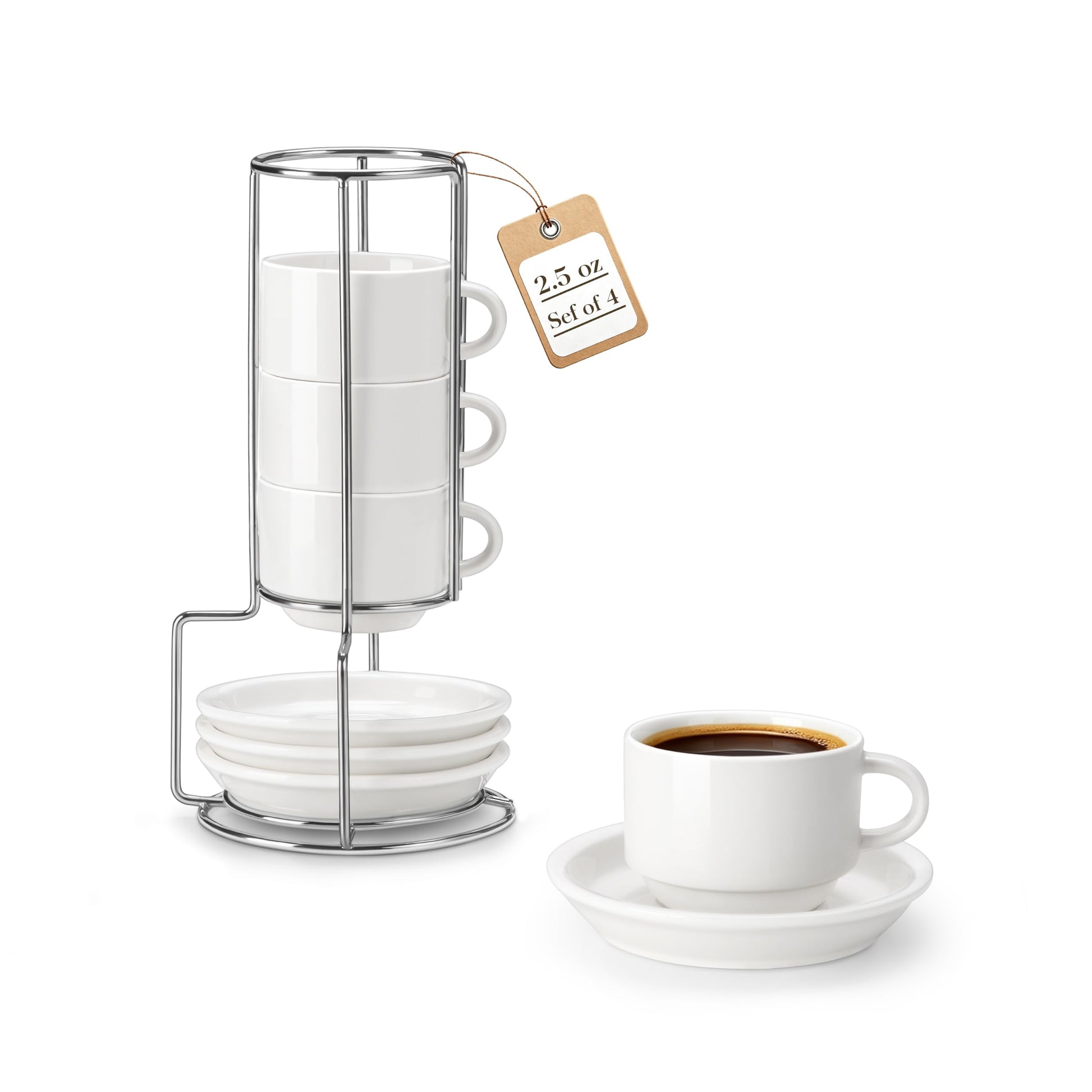 MALACASA 2.5 OZ Porcelain Espresso Cups with Saucers and Metal Stand Set of 4, Stackable Cappuccino