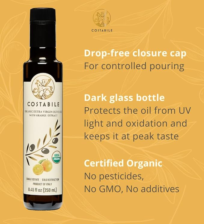 Costabile Orange Infused Olive Oil, Extra Virgin Organic from Italy. Polyphenol rich olive oil flavored with natural Italian orange. For salads, baking and cooking healthy keto friendly food 8.45Fl.Oz