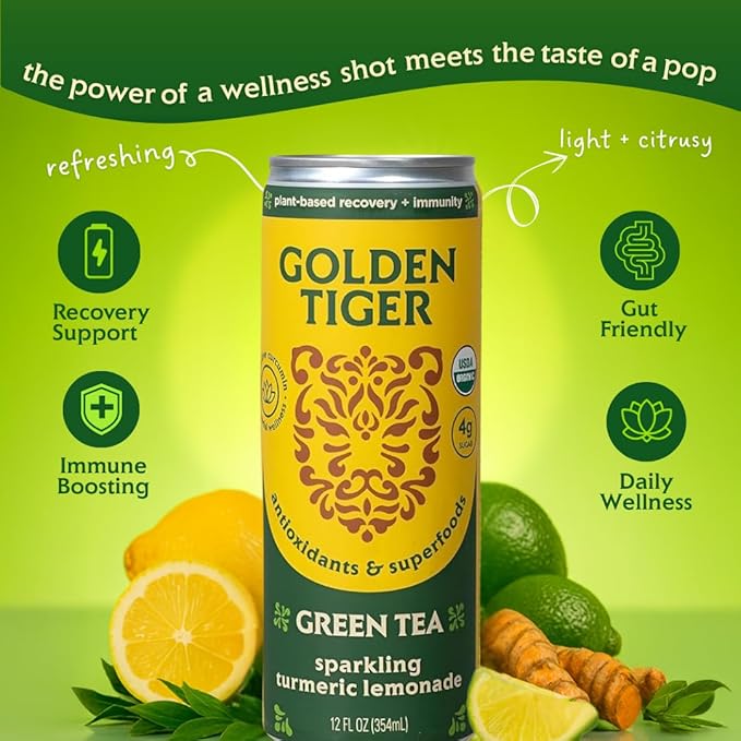 Golden Tiger Turmeric Sparkling Lemonade, Green Tea 12-Pack ??Curcumin & Ginger for Inflammation ??Sparkling Wellness Drink with Organic Superfoods + Antioxidants for Recovery, Immunity, Gut Health - 4g Sugar, 20 Calories