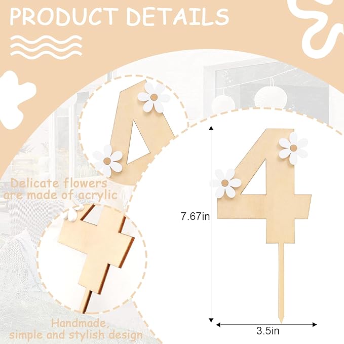 Wooden Daisy Cake Topper - 4th Birthday & Anniversary Decor, Retro Groovy & Boho Styles, Wooden Cake Decorating Supplies