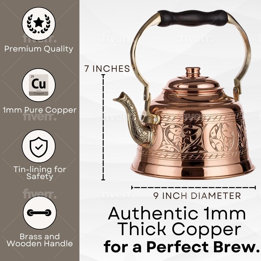 DEMMEX Tea Lover's Copper Teapot, Heavy Gauge 1mm Thick Hammered Solid Copper, Copper Tea Pot