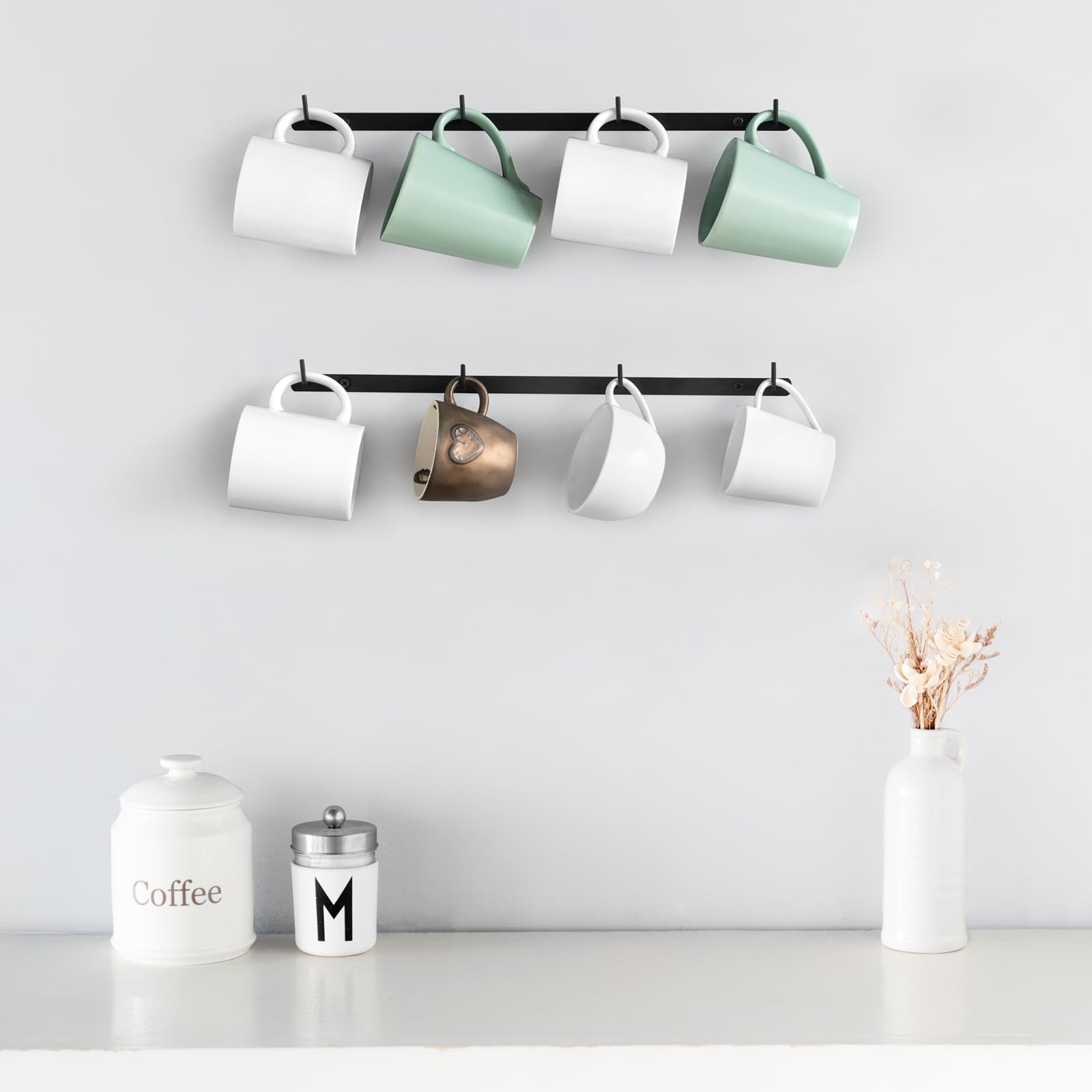 Dahey Mug Rack Wall Mounted Metal Coffee Cup Holder with 12 Hooks, 2 Pack