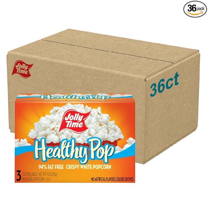 Jolly Time Healthy Pop Microwave Popcorn, Low Fat Gluten Free Non-GMO, 3oz Sharing Bag, 3 Bags Per Carton (Healthy Pop - Crispy N' White, 3 Ounce (Pack of 36))