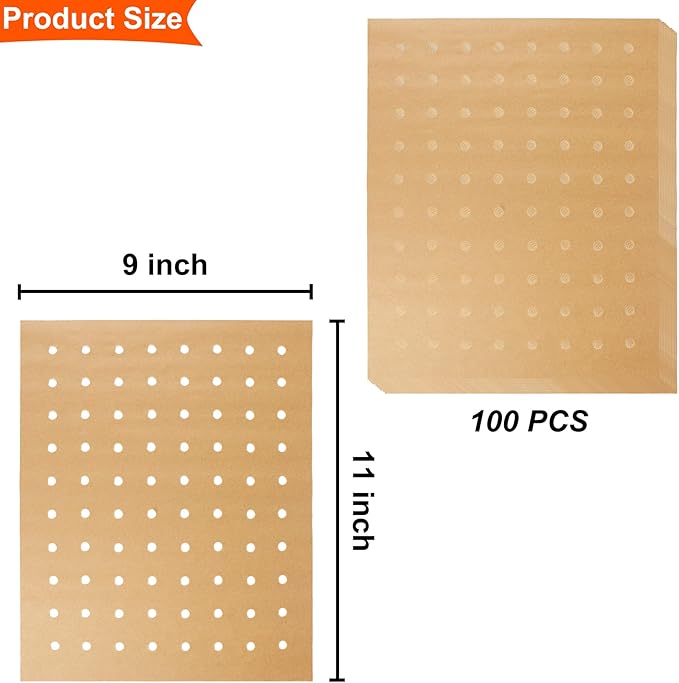 Air Fryer Liners Disposable, Parchment Paper for Baking, 100 Pcs 11 x 9 inch Unbleached Parchment Paper Sheets, Perforated Rectangular Baking Papers, HOFHTD Nonstick Air Fryer Accessories