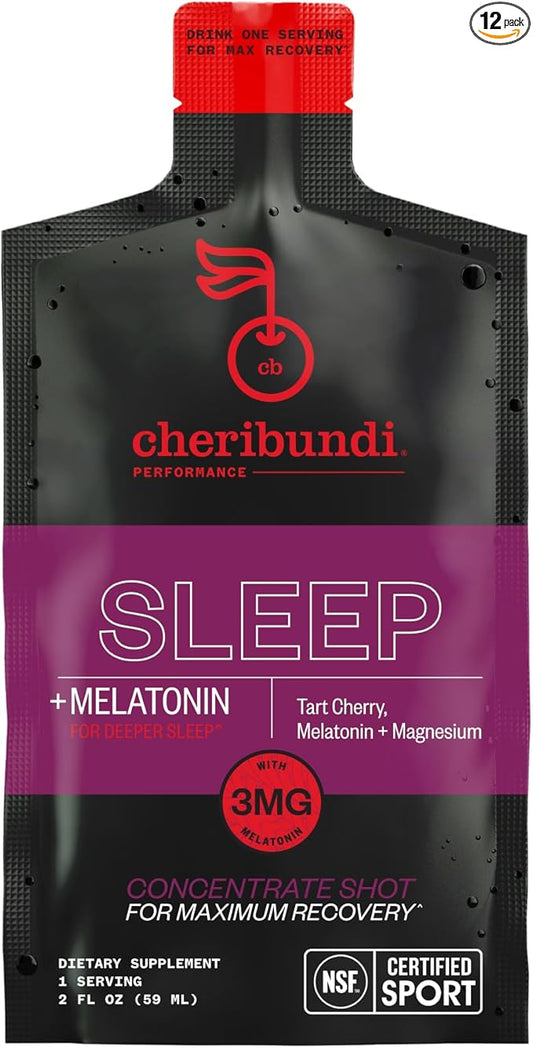 Cheribundi 100% Tart Cherry Juice Sleep Concentrate Grab & Go 2 Fluid Ounce Pouch for Maximum Recovery with 30 Tart Cherries 90 Calories, 0 Preservatives, Non-GMO 2 floz (Pack of 12)
