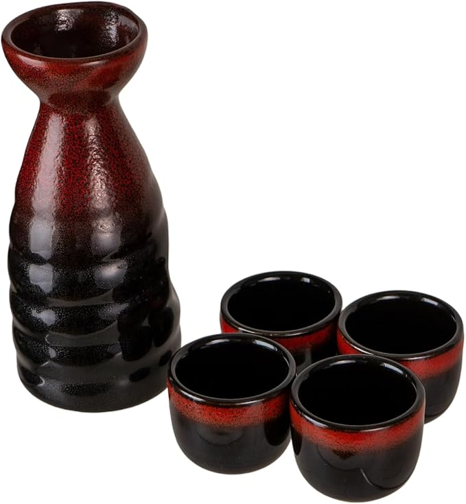 Urban Tokyo Japanese Sake 5 Piece Set Include 1 Sake Bottle and 4 Cups for Hot or Cold Sake Home or Restaurant Use Reactive Glazed Ceramic (Black and Red)