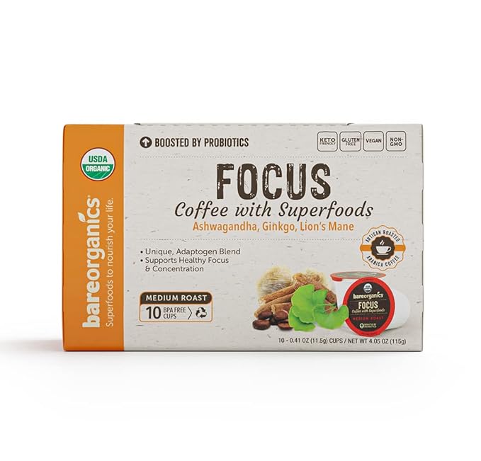 BareOrganics Focus Coffee Pods With Superfoods & Probiotics | Compatible | USDA Certified Organic, Vegan, Non-GMO & Recyclable Single Serve 10ct (Pack of 6)