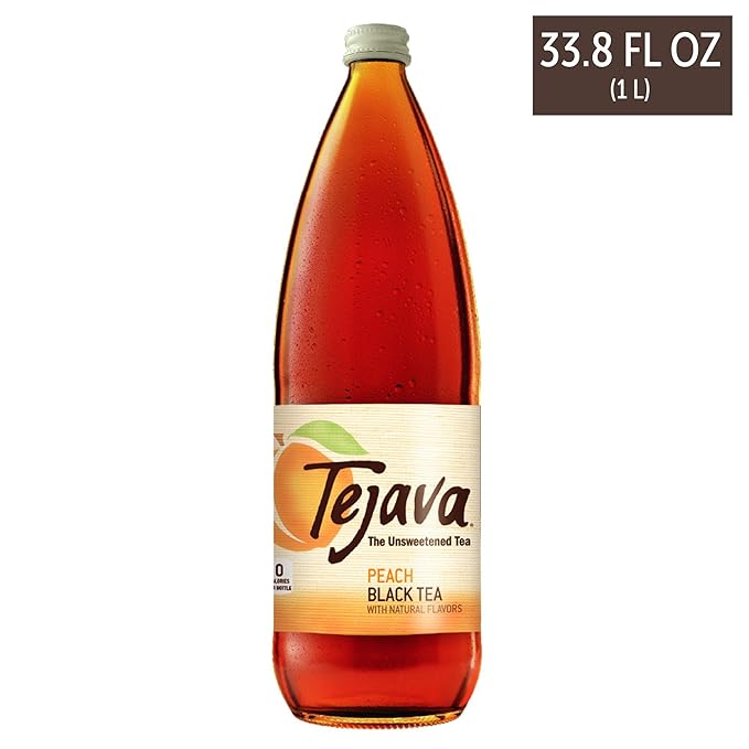Tejava Original Unsweetened Peach Iced Tea, 12 Pack, 1 Liter Glass Bottles, Non-GMO, Kosher, No Sugar or Sweeteners, No calories, No Preservatives, Brewed in Small Batches