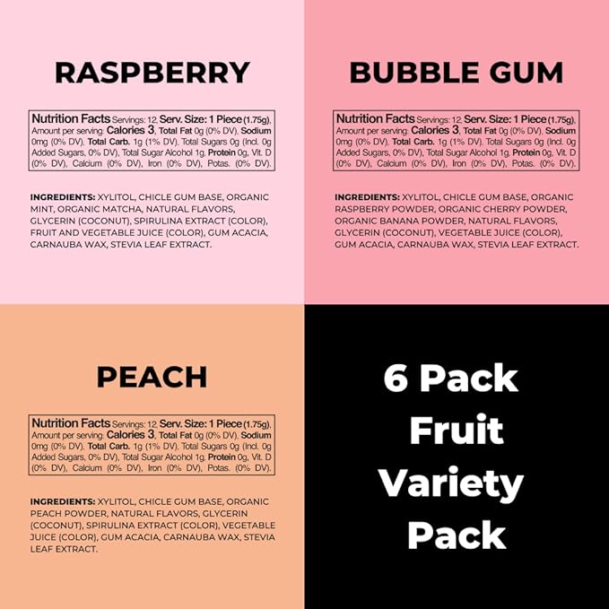 Refresh Gum, Xylitol, Natural, Sugar Free, Long Lasting Chewing Gum, Plastic Free, Natural Flavors & Organic Ingredients, Non GMO, Gluten Free, Vegan, 12 Count (Pack of 6), Fruit Variety Pack