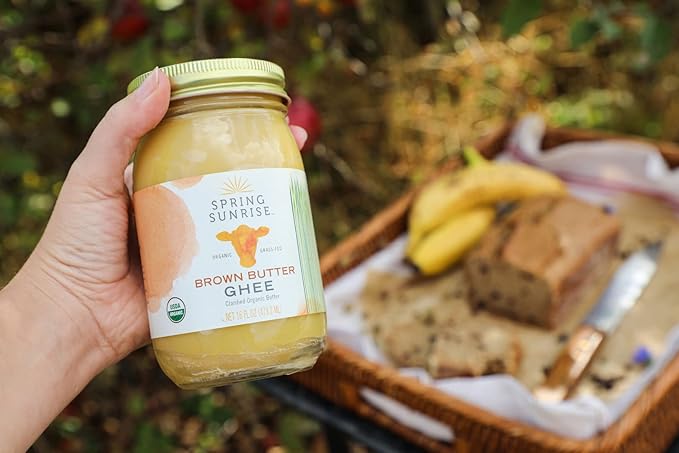 Spring Sunrise Organic Brown Ghee - Grass Fed Clarified Butter - Keto & Paleo Friendly, Lactose & Gluten Free Cooking Oil with High Smoke Point - 16 oz Jar