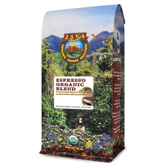 Low Acid Organic Coffee ??Whole Bean, Mold-Free & Stomach Friendly by Java Planet, Espresso Blend Coffee, Dark Roast, Smooth Full Flavored, 1LB Bag