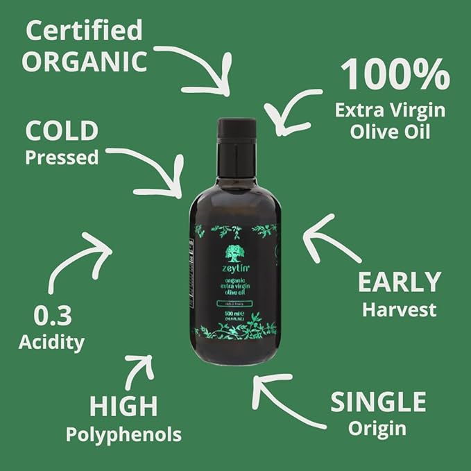 Zeytin Olive Oil Extra Virgin - GOLD MEDAL & Early Harvest - Fresh 2024 Harvest, Bottled in May 2024 - New Luxury Packaging - Vegan, Keto & Cold Pressed - Rich & Fruity (16.9fl oz - 1 Pack)