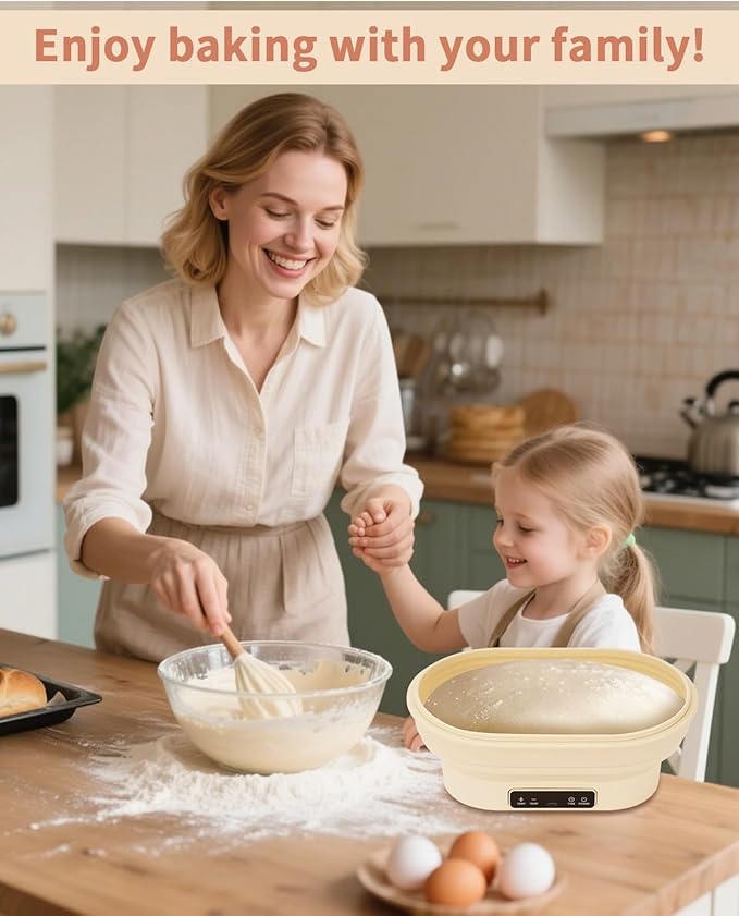 2L Heating Bread Proofing Basket Set Foldable Thermostatic Silicone Bowl with 77-122??6 Gears Temperature & 6H Timer, for Artisan Baking Sourdough Starter Bread Making Supplies Tools Kit