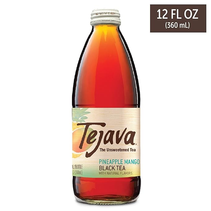Tejava Pineapple Mango Black Iced Tea, 4 Pack, 12oz Glass Bottles, Unsweetened, Non-GMO, Kosher, No Sugar or Sweeteners, No calories, No Preservatives, Brewed in Small Batches