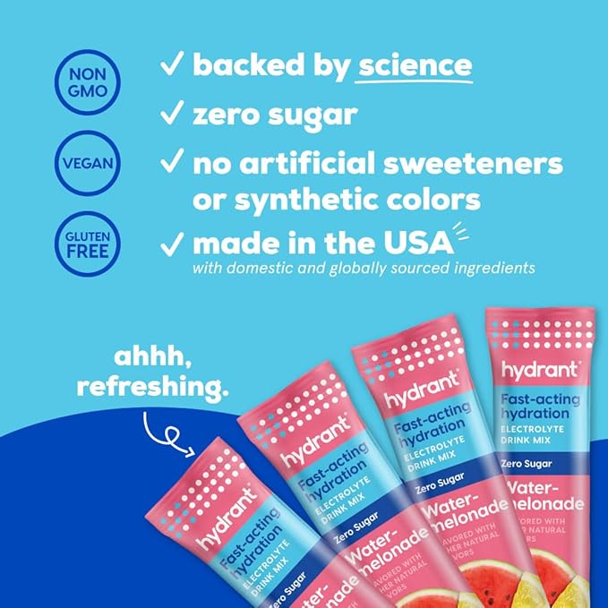 Hydrant Hydrate No Added Sugar, Individual Hydration Electrolyte Powder Stick Packets with Zero Sugar and Electrolytes for Rapid Hydration (Watermelonade, 30 Count)