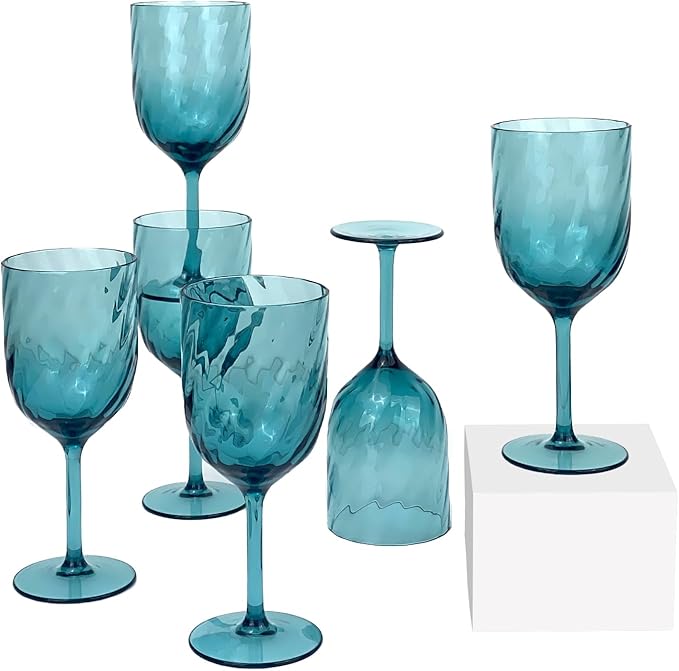 Yalin Set of 6 Unbreakable 15 oz Acrylic Plastic Wine and Water Tumbler Stackable Goblets. (Cyan, 15 oz)