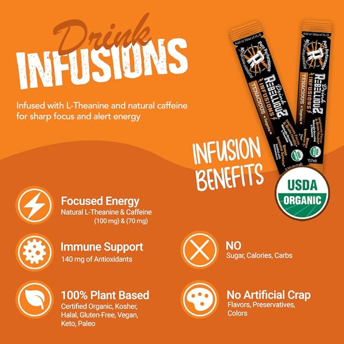 Rebellious Tenacious Tangerine Organic Drink Mix ??Zero Calorie Energy Drink Mix | Monk Fruit & Green Tea Extract | L-Theanine + Natural Caffeine | 100% Plant-Based | Pack of 10 | Keto,Gluten-Free