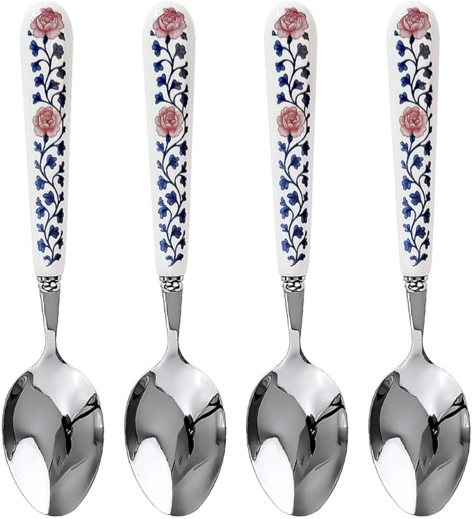 20cm 8inch Dinner Spoon 18-10 Stainless Steel Mirror Smooth Polished Ceramic Handle,Peony Pastoral Whisper Style Table Spoons, SUS304 Soup Spoon (4 PCS Spoons-Peony)