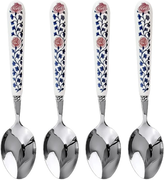 20cm 8inch Dinner Spoon 18-10 Stainless Steel Mirror Smooth Polished Ceramic Handle,Peony Pastoral Whisper Style Table Spoons, SUS304 Soup Spoon (4 PCS Spoons-Peony)