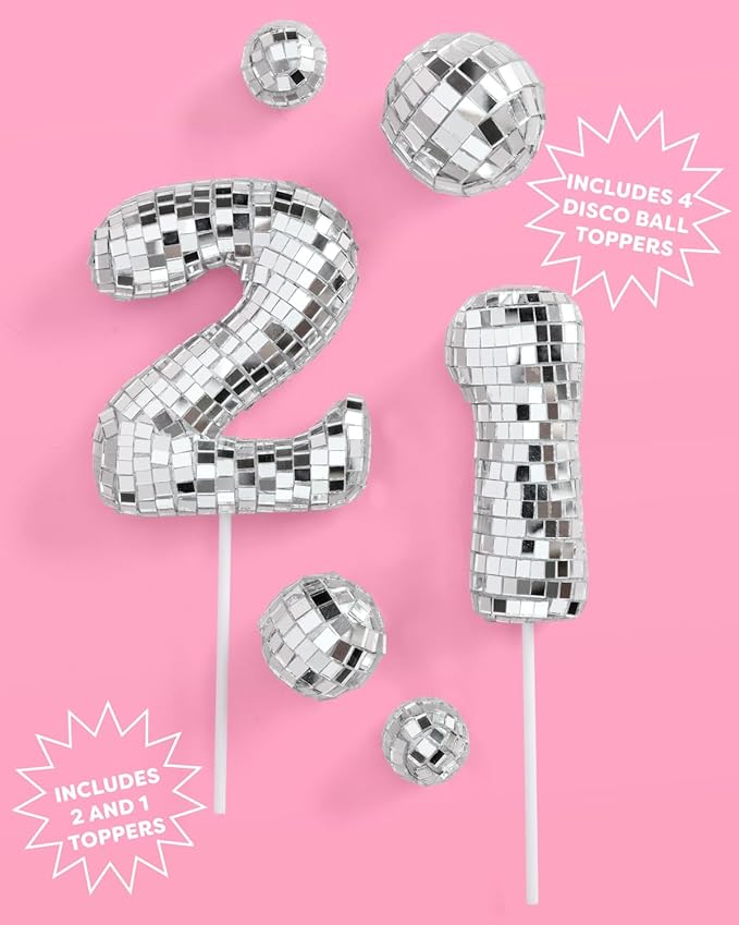 xo, Fetti 21 Birthday Disco Cake Topper - 6 pcs | Groovy Bday Party, Finally Legal Supplies, Cute Boogie Decorations, 21st Dancing Queen