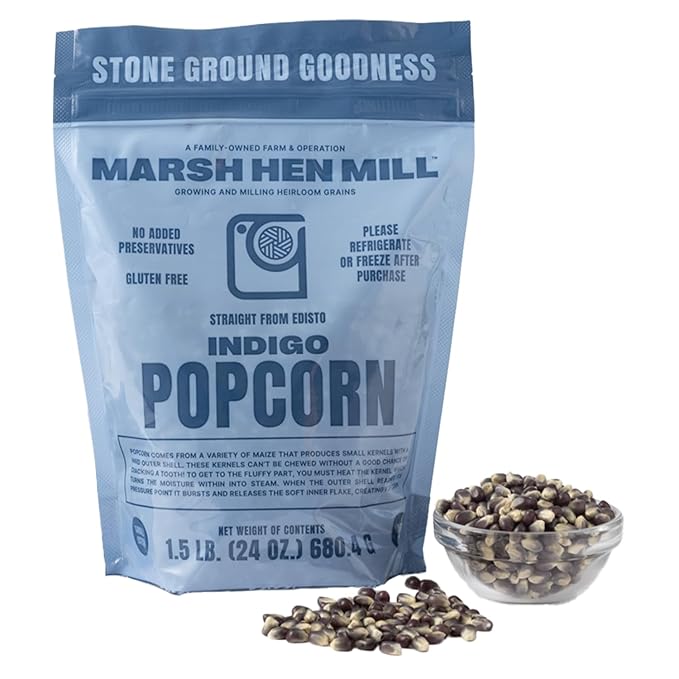 Marsh Hen Mill Indigo Popcorn Kernels | Vibrant Blue Kernels That Pop into Crisp White Flakes | Gluten-Free & Non-GMO | Healthy Snack for Gourmet Popcorn Lovers ??24 oz Bag (Pack of 1)
