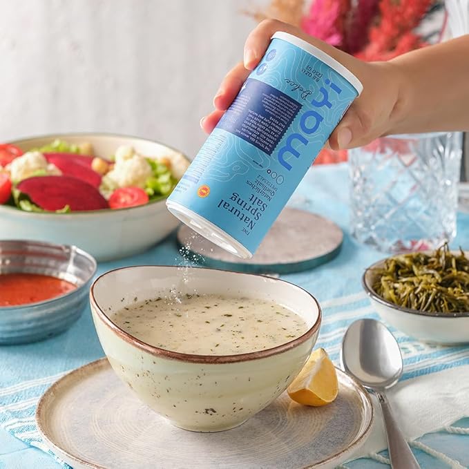 MAYİ Ancient Natural Spring Fine Ground Salt Shaker 8.8 oz - Hand-Harvested, Kosher, Microplastic-Free, Mineral-Rich, Chemical-Free, Unrefined Healthy Salt, Cooking, Baking, Low Sodium Diets