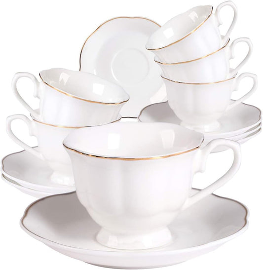 Guangyang 12 Pieces Tea Cup set Fine Porcelain 6oz Cup and Saucer set of 6 for Cappuccino Tea Flat
