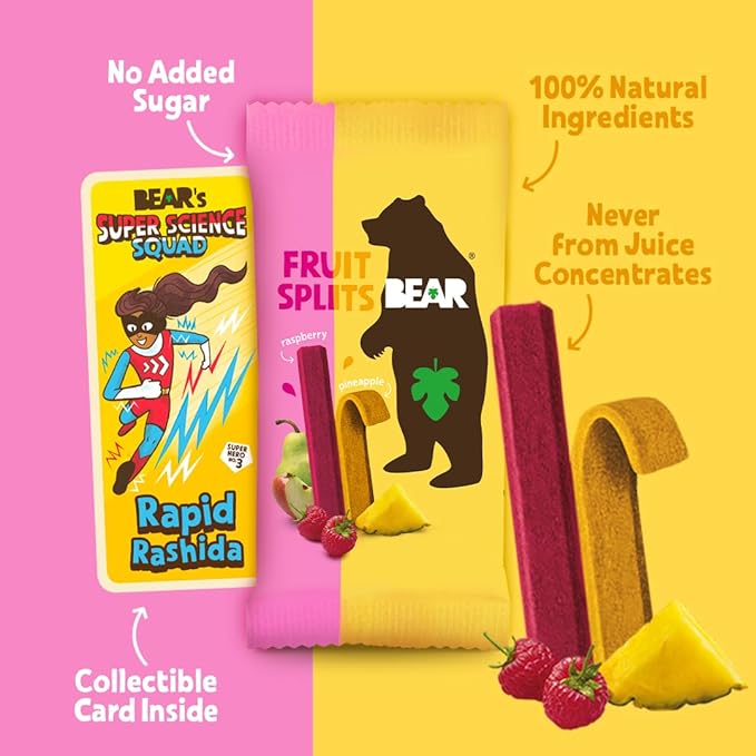 BEAR Real Fruit Snack Splits - Gluten Free, Vegan, and Non-GMO - Raspberry and Pineapple ??Healthy School And Lunch Snacks For Kids And Adults, 0.7 Ounce (Pack of 18)