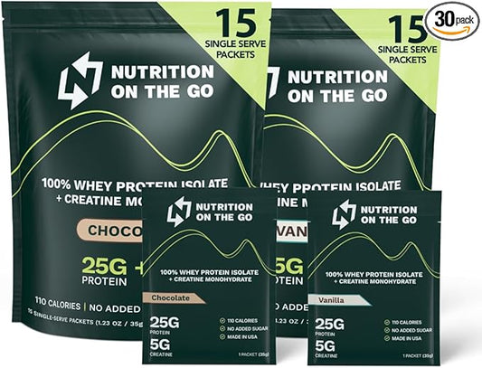 Travel Whey Protein Isolate Packets ??Single-Serve Protein Powder ??25g Proteins + 5g Creatine - Variety Pack (Vanilla & Chocolate) (30-Pack)