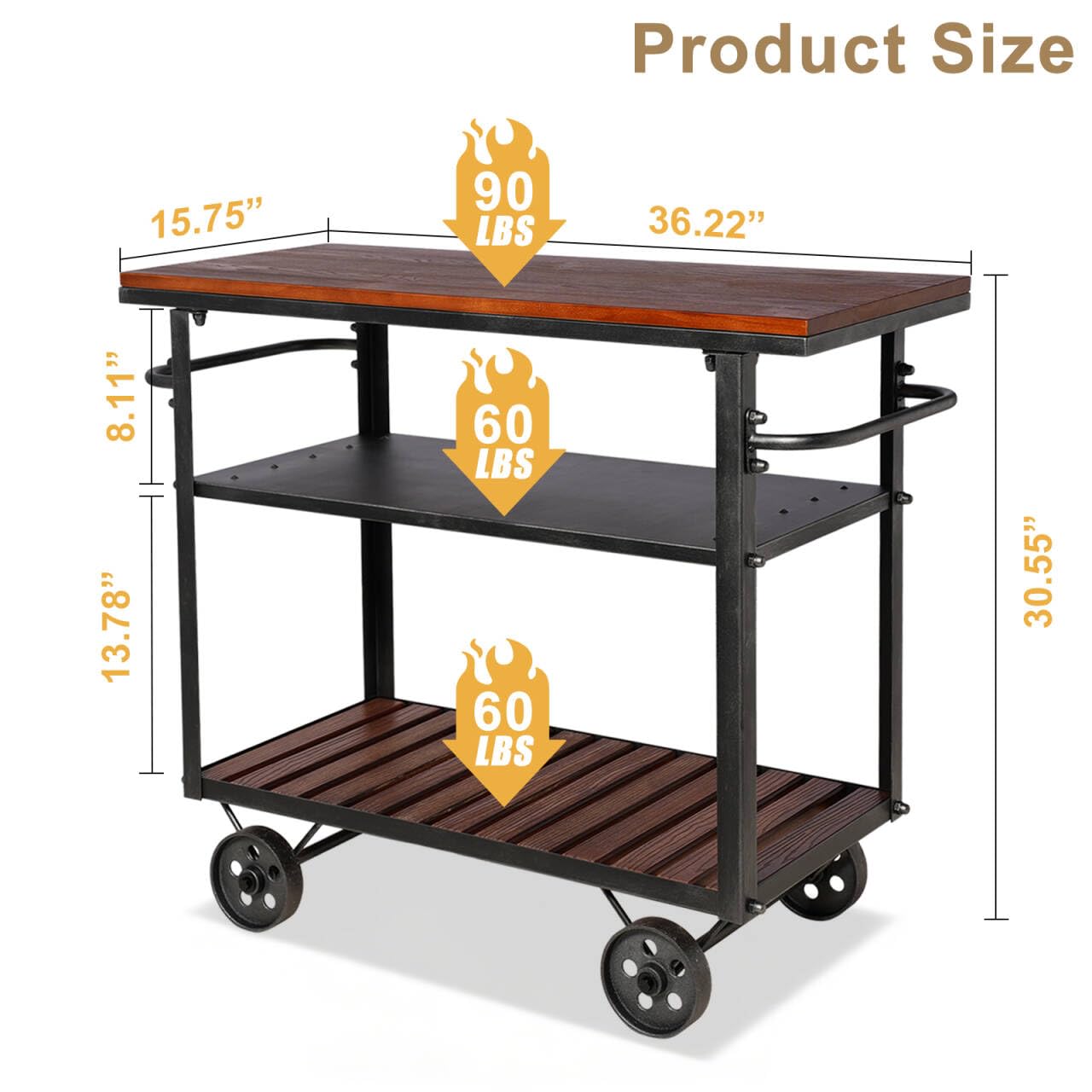 BOKKOLIK Vintage Rolling Bar Cart on Wheels Industrial Mobile Serving Cart Metal and Wood Design