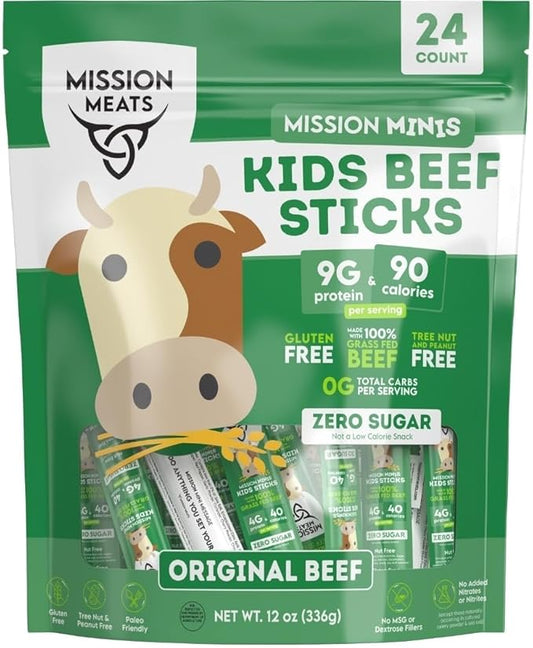 Mission Meats Kids Beef Sticks – 100% Grass Fed & Pasture Raised, Healthy Snacks for Kids and Toddlers, Sugar Free Protein, Gluten & Nut Free, Individually Wrapped, Mini 0.5oz (24ct Bag)