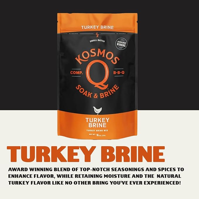 Kosmos Q Turkey Brine Soak, Brown Sugar & Worcestershire Spice Mix for Whole, Smoked, Oven Roasted or Fried Turkey, Locks In Juicy Moisture & Savory Flavor, Easy 1 Cup per Gallon Directions, 16 Oz Bag