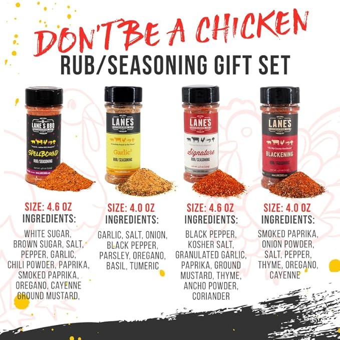 Lane's Don't Be A Chicken Gift Set, All-Natural 4 Rubs Gift Set of Blackened Seasoning, Garlic Powder Seasoning, Spellbound Pork & Signature BBQ Rub
