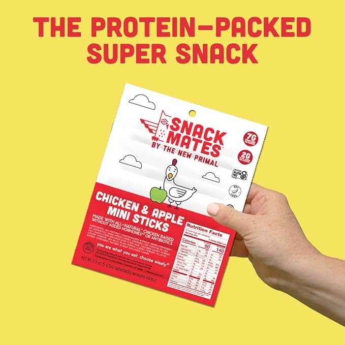 New Primal Snack Mates Chicken & Apple Sticks, Gluten Free Healthy Snacks for Kids, Low Sugar High Protein Back to School Snacks, Mini Paleo Jerky Meat Stick, 7g Protein, 60 Calories, 40 Pack