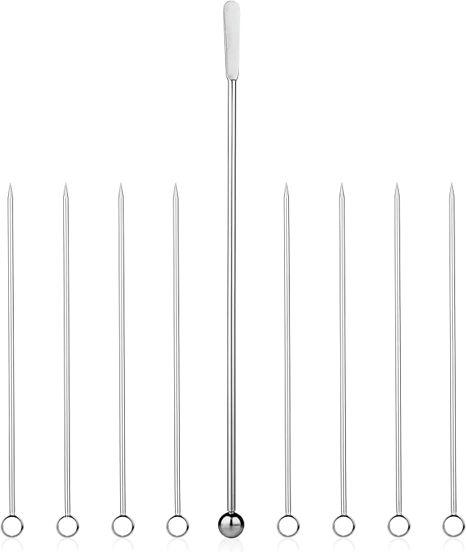 Zenlogy 5 inch Stainless Steel Picks (set of 8) and Swizzle Stick - Ideal Olive Skewers - Will Not Drown in Your Martinis, Cocktails, and Bloody Mary