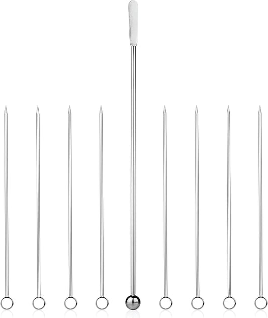 Zenlogy 5 inch Stainless Steel Picks (set of 8) and Swizzle Stick - Ideal Olive Skewers - Will Not Drown in Your Martinis, Cocktails, and Bloody Mary