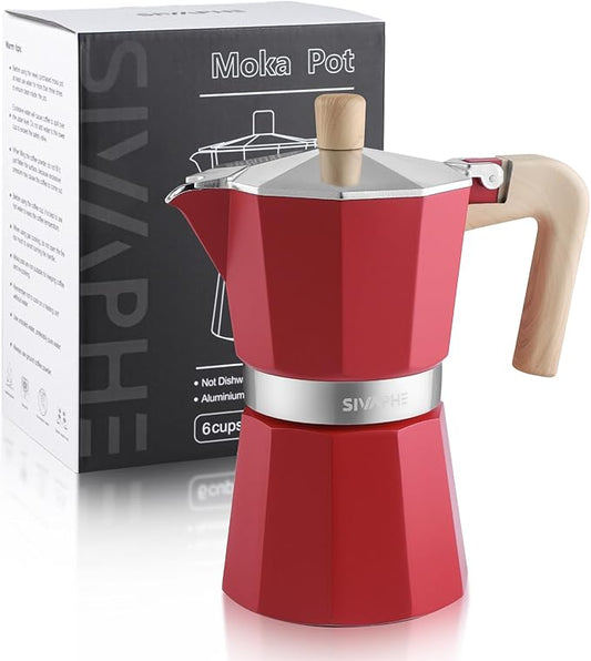 Sivaphe Aluminum Moka Pot 6 Espresso Cups, Percolator Espresso and Coffee Maker, Portable Stovetop Italian and Cuban Café Brewer for Home and Camping Red