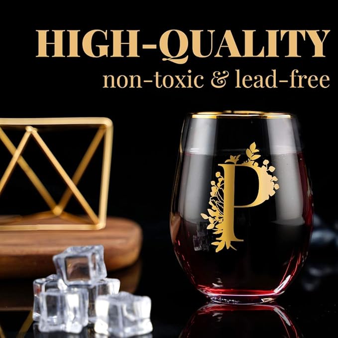Onebttl Unique Stemless Wine Glasses, Initial Wine Cup for Red or White Wine - 18oz, Monogrammed, Gold - for Women, Girls, Female, Her, Friends, Coworkers, Clients - for Birthday, Christmas